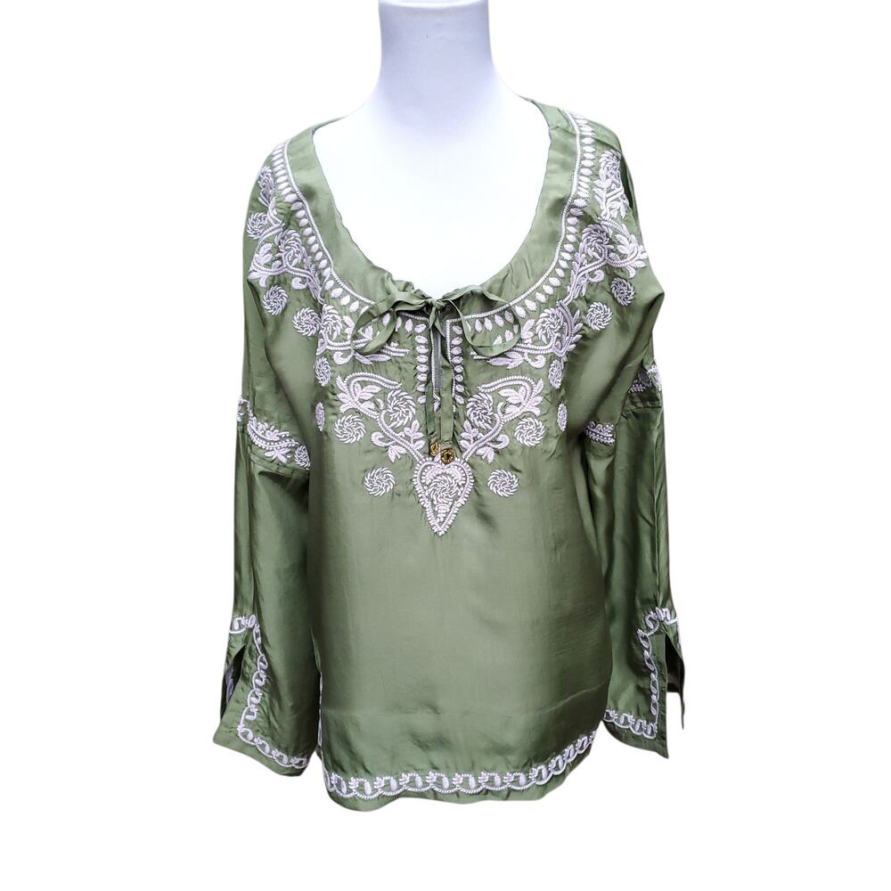 Jack Rogers Green Embroidered 100% Silk Top Boho Tie Neck Dolman Sleeve Sz M